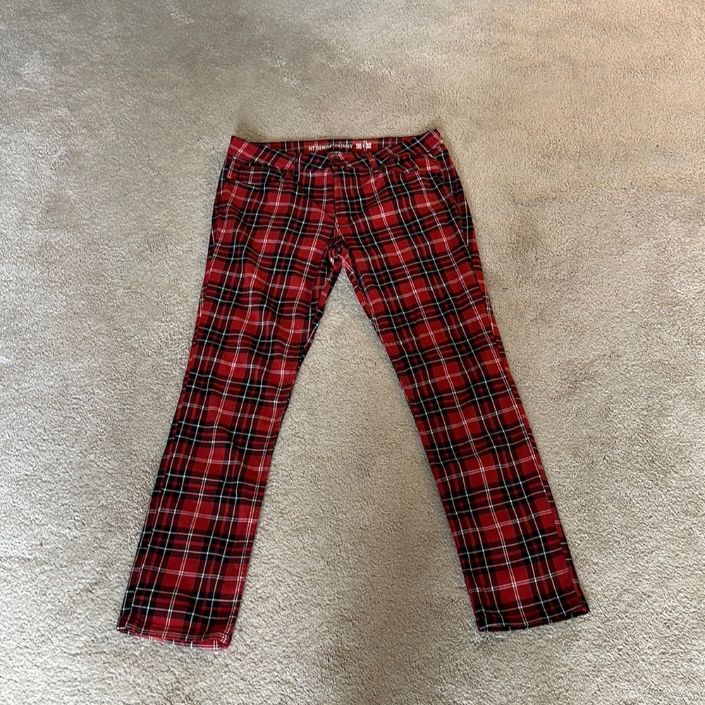 Red Plaid Denim pants by HT Denim / Size: 36x32